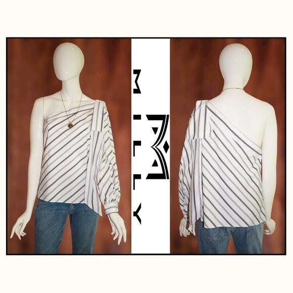 MILLY NEW NINA Stripe One-Shoulder Cotton Poplin Top 8 - Picture 9 of 12